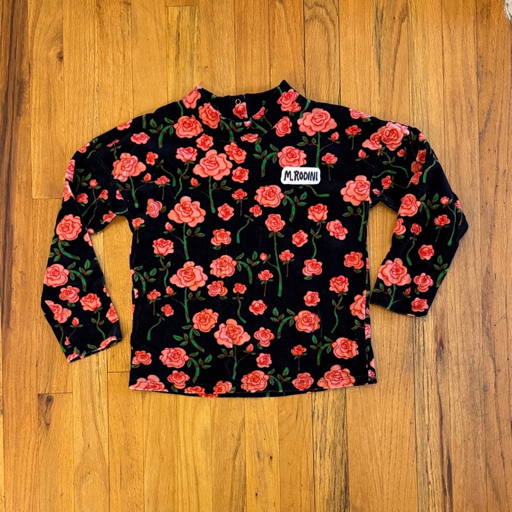 Mini Rodini Black Velour Shirt with Pink Roses